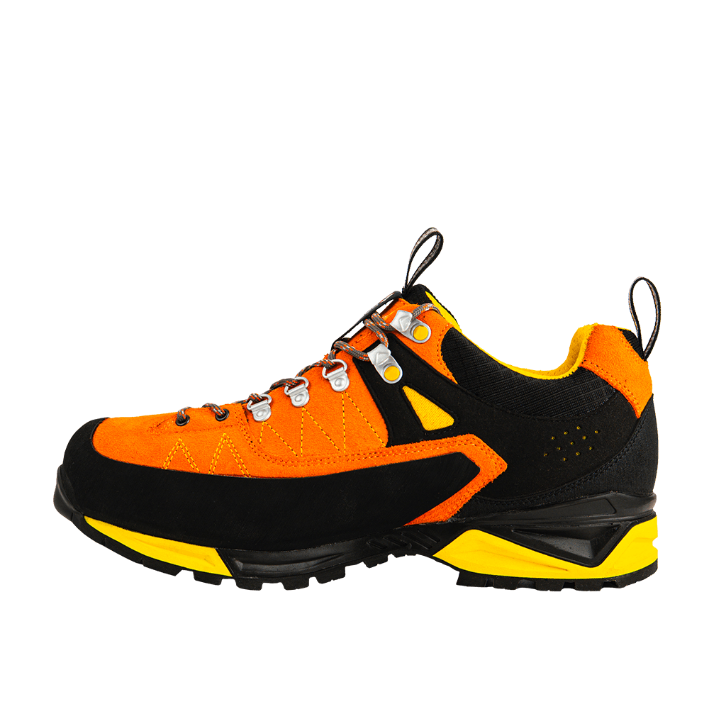 Chaussures Mountain Tech Low orange jaune stabilité et protection chantier et montagne