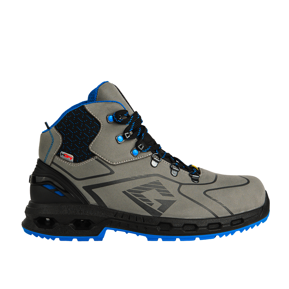 Hexa Dry Mid S7S, anthracite et bleu roi : chaussure de sécurité légère et durable pour les travaux exigeants